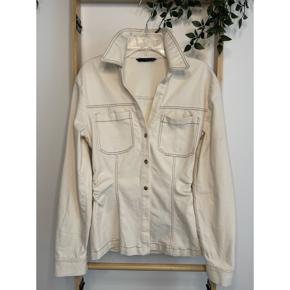 Zara Fitted Canvas Ecru Denim Shirt Jacket Shacket Size XS Monochrome Button Up